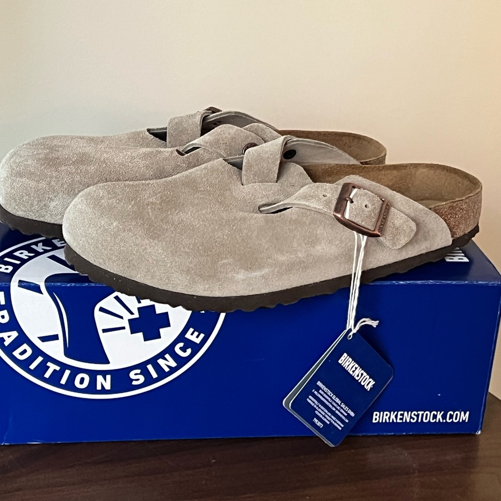 BIRKENSTOCK BOSTON TAUPE SUEDE SOFT FOOTBED UNISEX CLOGS SHOES - NEW - 40